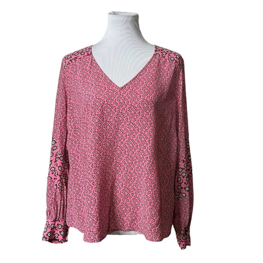 Boden US 12 UK 16 Shirt Pink White Green Floral Long Sleeve Button Up Top V-Neck - Picture 2 of 7